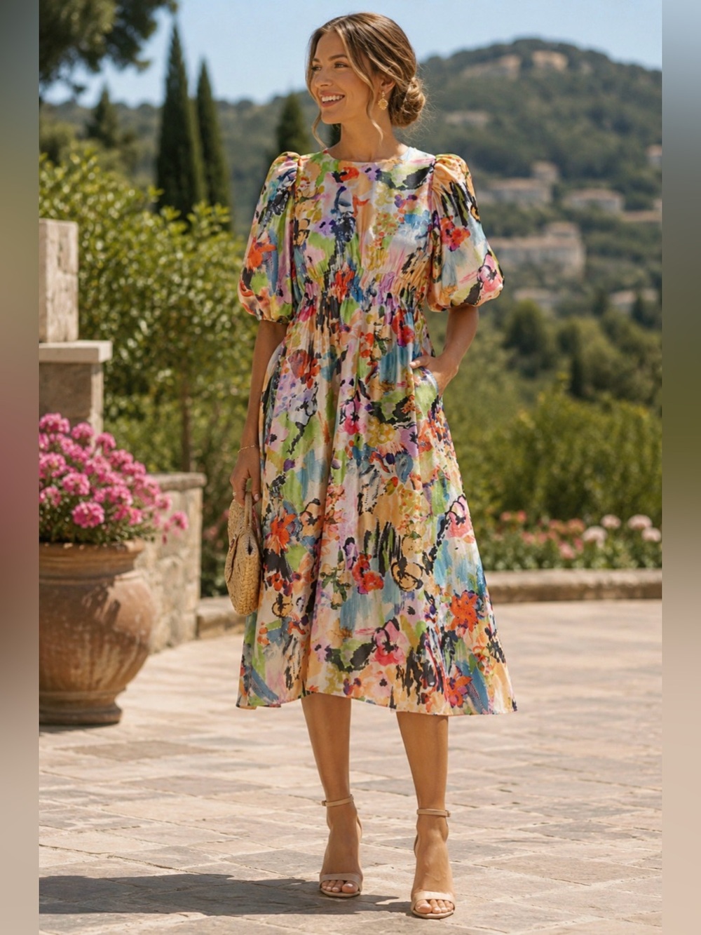 Stine Goya Elizabeth Puff Sleeve Floral Midi Dress Size Small
